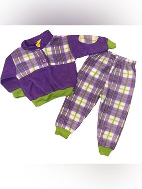 VTG Girls 18/24M Sweatsuit Fleece Purple Great Plaid Elbow Patches Heart Buttons